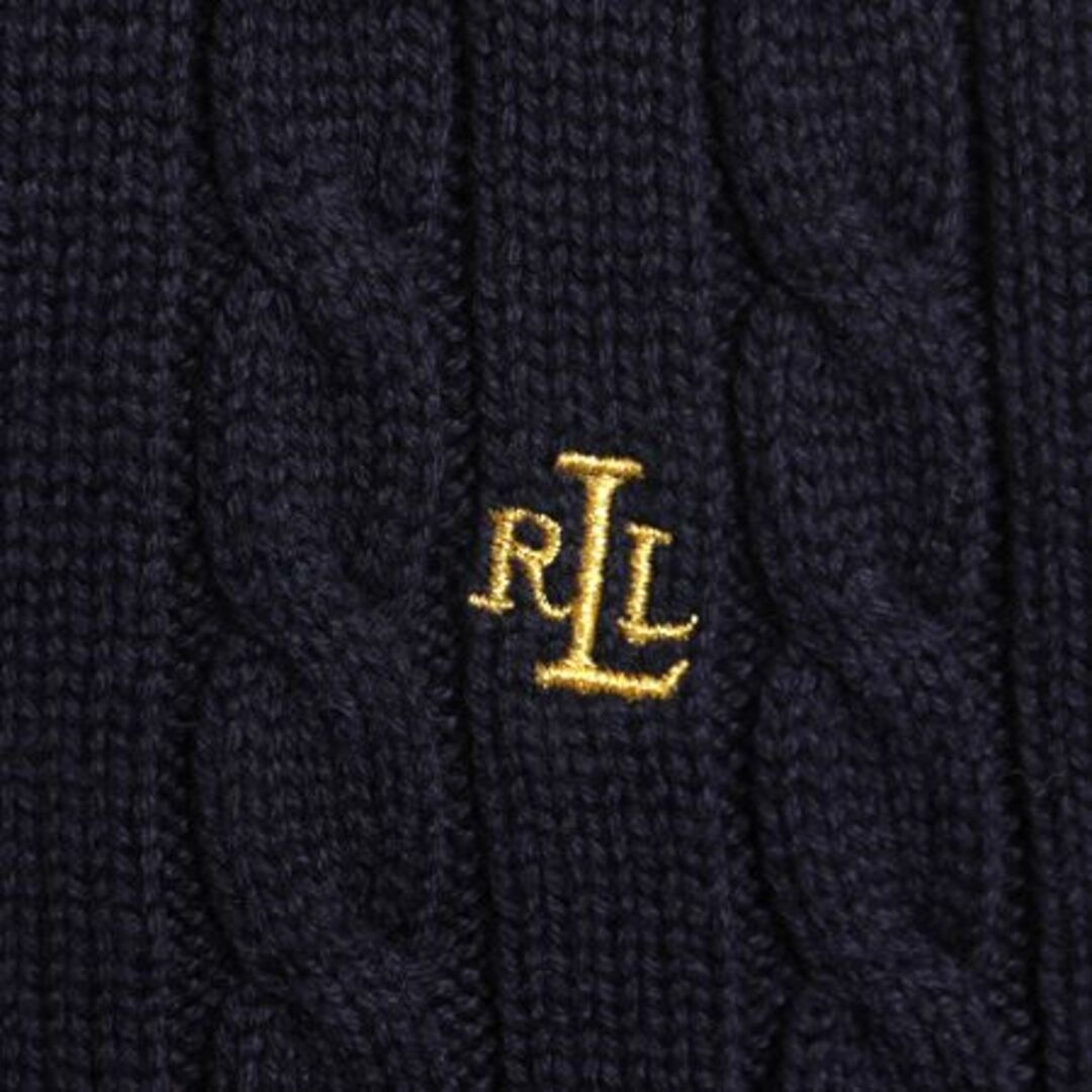 Ralph Lauren(ラルフローレン)の90s LAUREN ラルフローレン Ｖネック コットン ケーブル ニット セーター レディース XL 古着 90年代 オールド ポロ ワンポイント ネイビー レディースのトップス(ニット/セーター)の商品写真