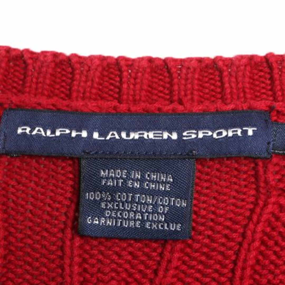 Ralph Lauren(ラルフローレン)のラルフローレン Vネック コットン ケーブル ニット セーター レディース L / 古着 POLO 長袖ニット ワンポイント ポニー刺繍 ポロ レッド レディースのトップス(ニット/セーター)の商品写真