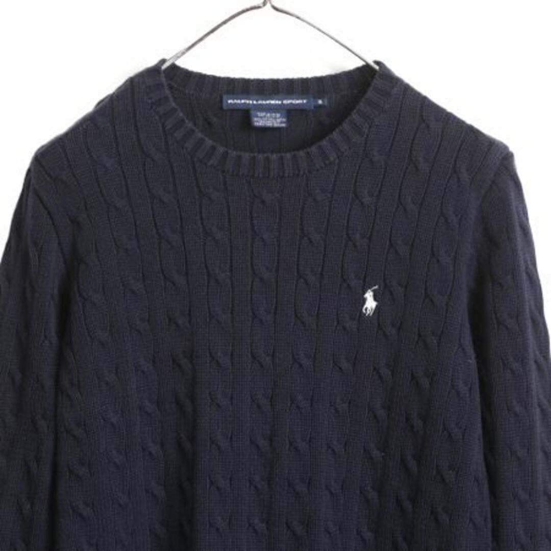 Ralph Lauren(ラルフローレン)のラルフローレン コットン ケーブル ニット セーター レディース XL 古着 ポロ 長袖ニット クルーネック ワンポイント ポニー刺繍 ネイビー レディースのトップス(ニット/セーター)の商品写真