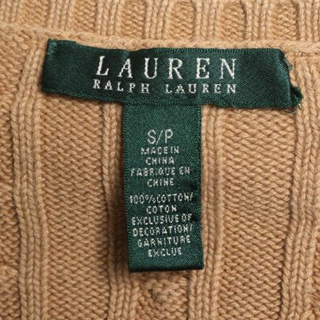 Ralph Lauren(ラルフローレン)の90s LAUREN ラルフローレン Ｖネック コットン ケーブル ニット セーター レディース S 古着 90年代 オールド ポロ ワンポイント ベージュ レディースのトップス(ニット/セーター)の商品写真