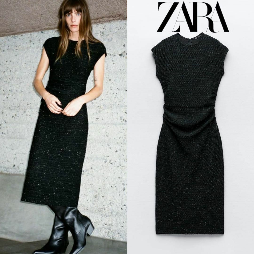 ZARA(ザラ)の32 ZARA シャイニーメタリックスレッドワンピース S レディースのワンピース(ロングワンピース/マキシワンピース)の商品写真