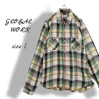 グローバルワーク(GLOBAL WORK)のシャツ　メンズ　長袖　チェック　ダブルポケット　グリーン　L　グローバルワーク(シャツ)