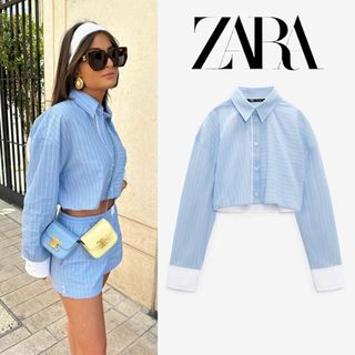 ザラ(ZARA)の30 ZARA ストライプポプリン クロップドシャツ M(シャツ/ブラウス(長袖/七分))