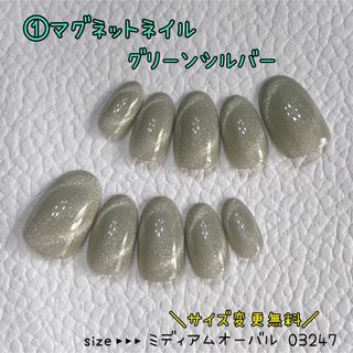 ①ネイルチップ ハンドメイド マグネット グリーンシルバー(つけ爪/ネイルチップ)