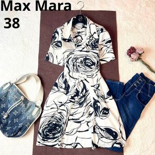 マックスマーラ(Max Mara)のMax Mara 白タグ レイヤード風ワンピース バックリボン 総柄 38(ひざ丈ワンピース)