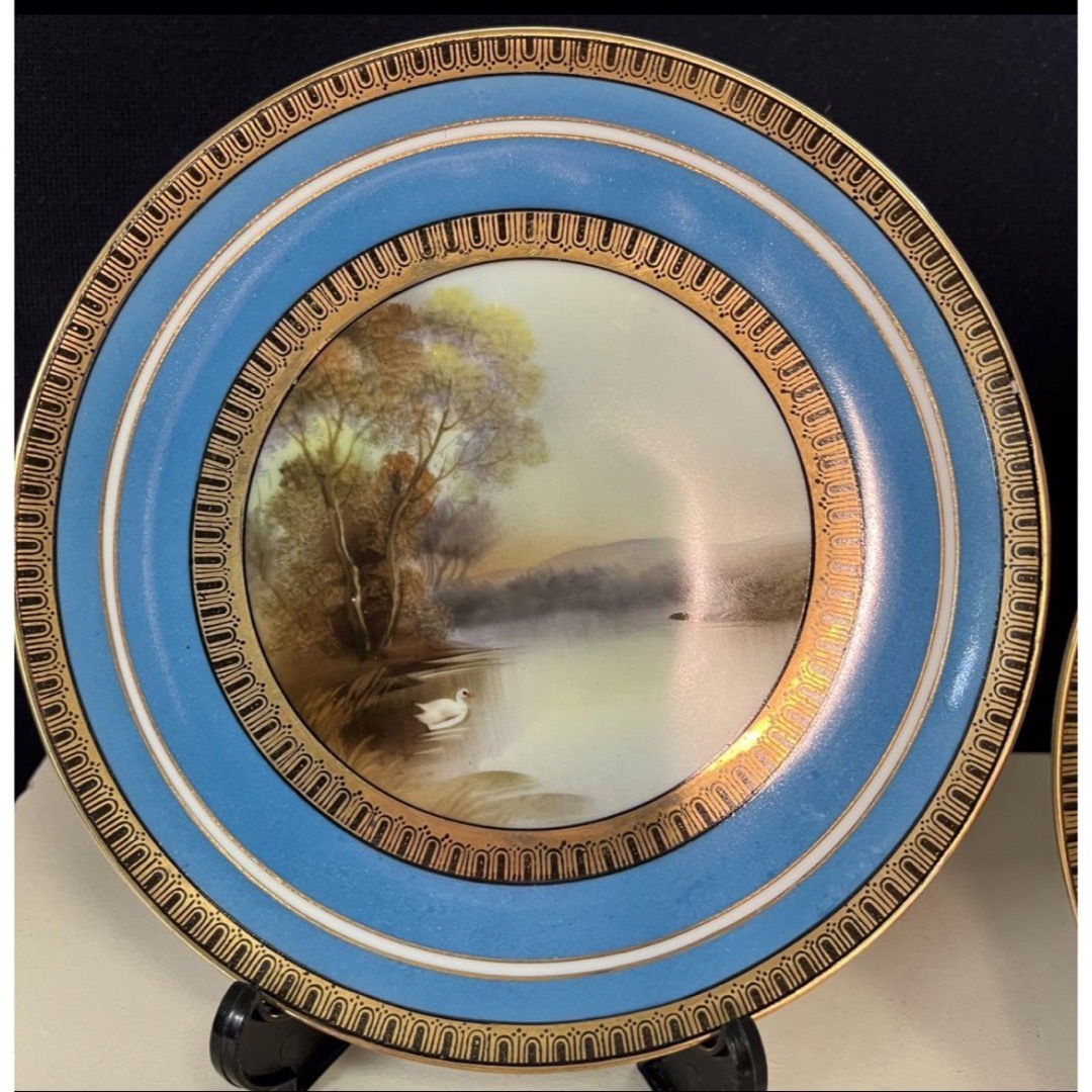 オールドノリタケ 風景画 湖とスワン ブルーボーダー 金彩フリル 2枚 オールドノリタケ 風景画 湖とスワン ブルーボーダー 金彩フリル 2枚