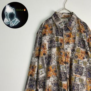 【長袖シャツ　総柄　柄シャツ　グレー　オレンジ　紫　黄色　古着】(シャツ)