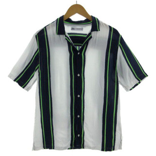 ザラ(ZARA)のZARA シャツ オープンカラー 半袖 ストライプ 白 紺 蛍光グリーン M(シャツ)
