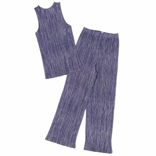 プリーツプリーズイッセイミヤケ(PLEATS PLEASE ISSEY MIYAKE)の美品 プリーツプリーズ イッセイミヤケ PLEATS PLEASE セットアップ タンクトップ ノースリーブ パンツ 総柄 プリーツ レディース 3(L相当) ネイビー/ホワイト(スーツ)