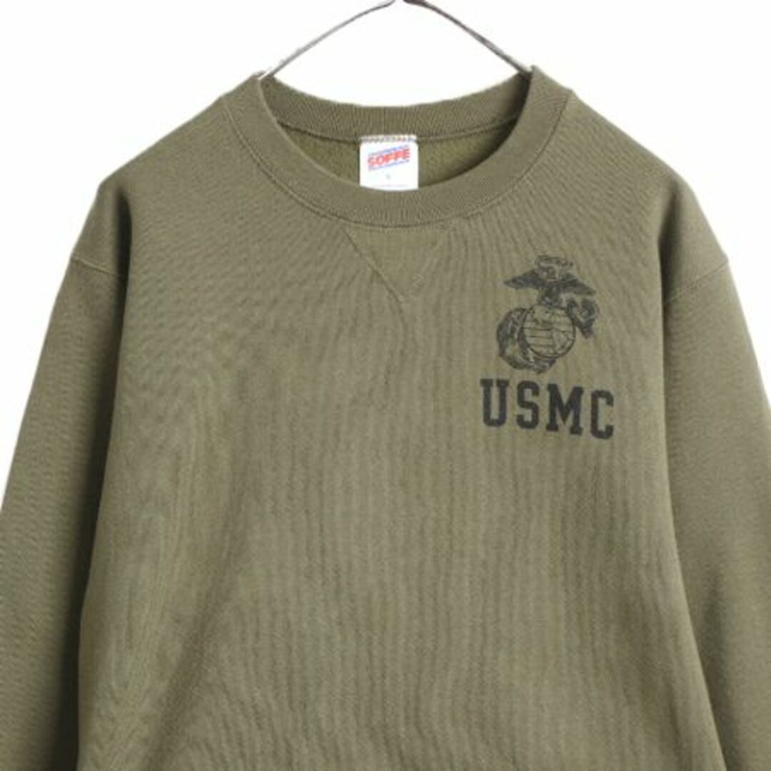 90s USA製 USMC マリンコープ プリント 前V スウェット メンズ S / 古着 90年代 オールド ミリタリー トレーナー 軍物 スエット 裏起毛 緑 メンズのトップス(スウェット)の商品写真