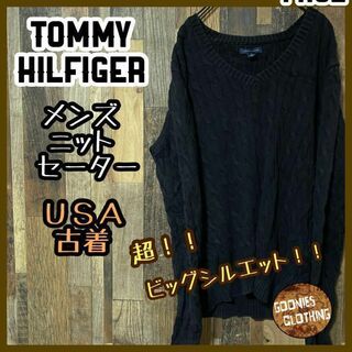 トミーヒルフィガー(TOMMY HILFIGER)のトミーヒルフィガー ニット セーター XL ブラック 古着 90s 長袖(ニット/セーター)