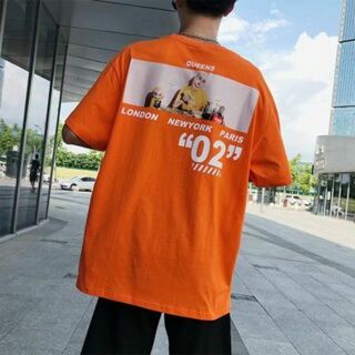 ビッグシルエット バックガール プリント Tシャツ 韓国 ストリート オレンジ(Tシャツ/カットソー(半袖/袖なし))