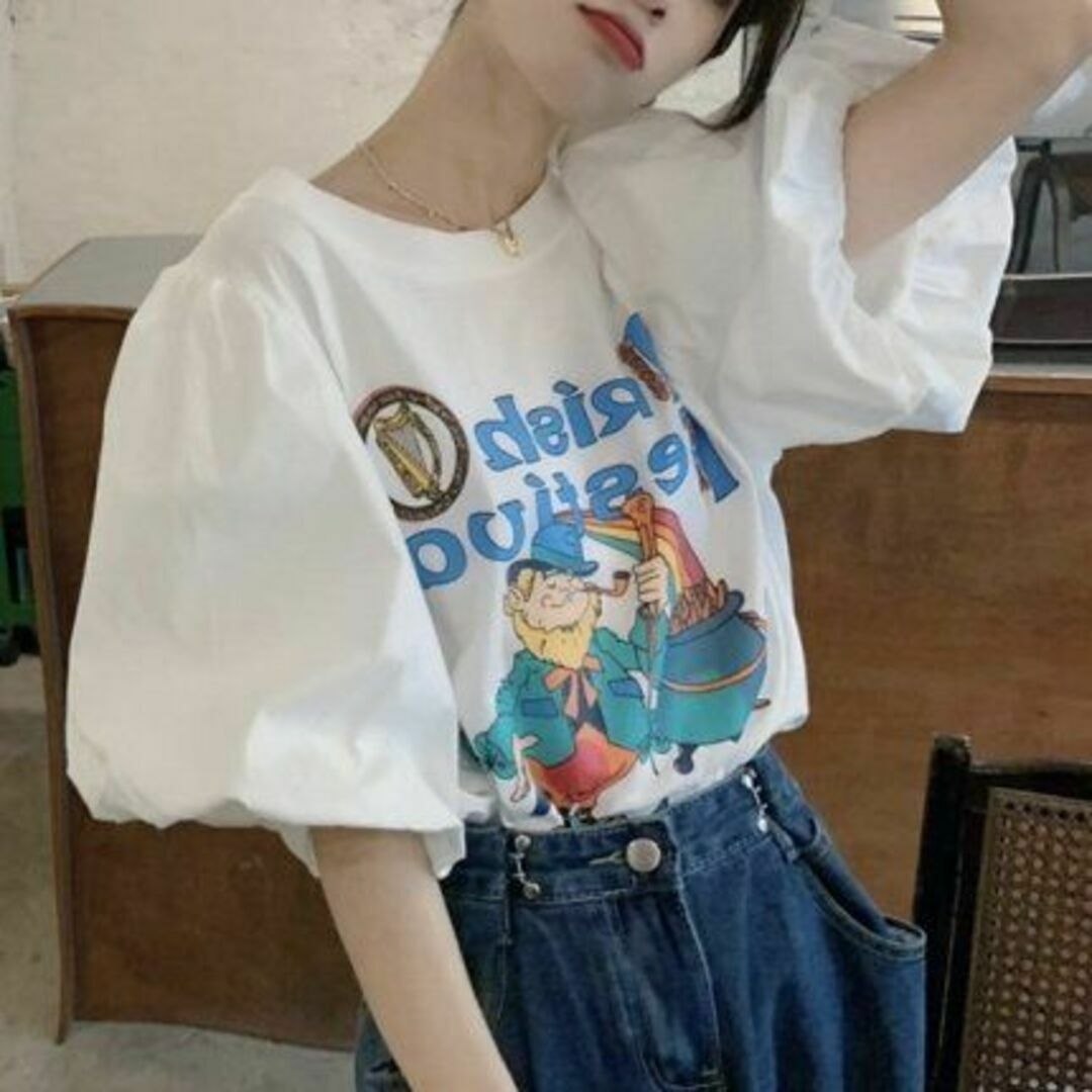 パフ袖 半袖 Tシャツ 韓国ファッション レディース 白 レディースのトップス(Tシャツ(半袖/袖なし))の商品写真