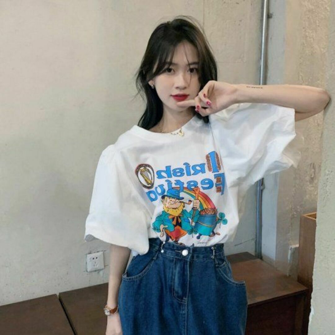 パフ袖 半袖 Tシャツ 韓国ファッション レディース 白 レディースのトップス(Tシャツ(半袖/袖なし))の商品写真