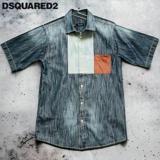 ディースクエアード(DSQUARED2)の美品 DSQUARED2 ダメージ加工 半袖 インディゴ レザー サイズ42(シャツ)