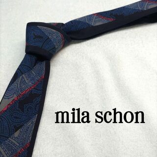 ミラショーン(mila schon)のミラ・ショーン  ネイビー ペイズリー ストライプ シルク 中古 美品(ネクタイ)