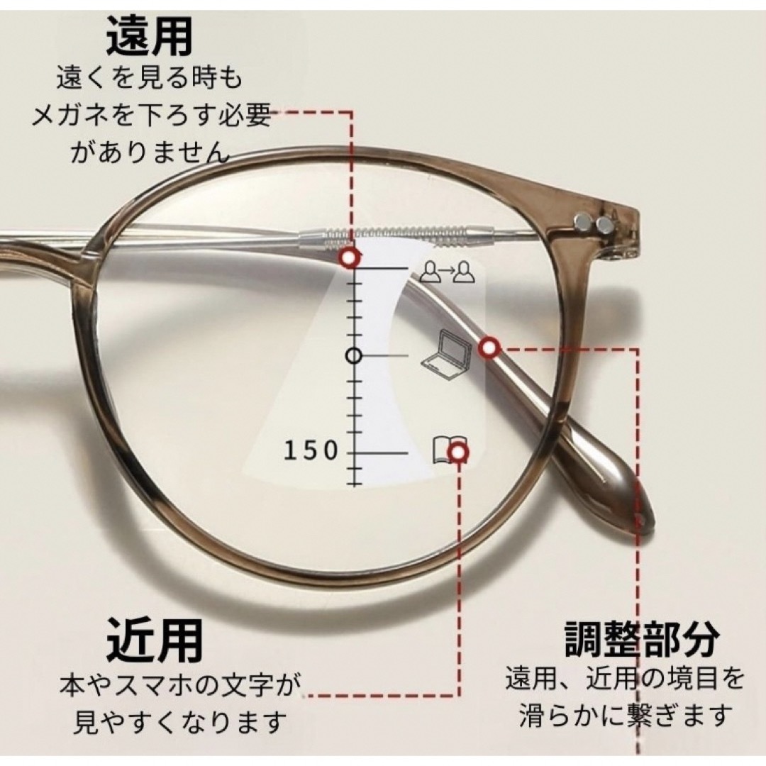老眼鏡  累進多焦点  遠近両用  ブルーライトカット+1.0ブラウン  メガネ レディースのファッション小物(サングラス/メガネ)の商品写真