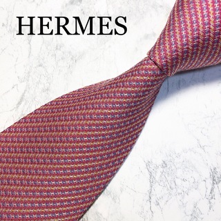 エルメス(Hermes)のHERMES ネクタイ　H柄　レッド　ストライプ(ネクタイ)