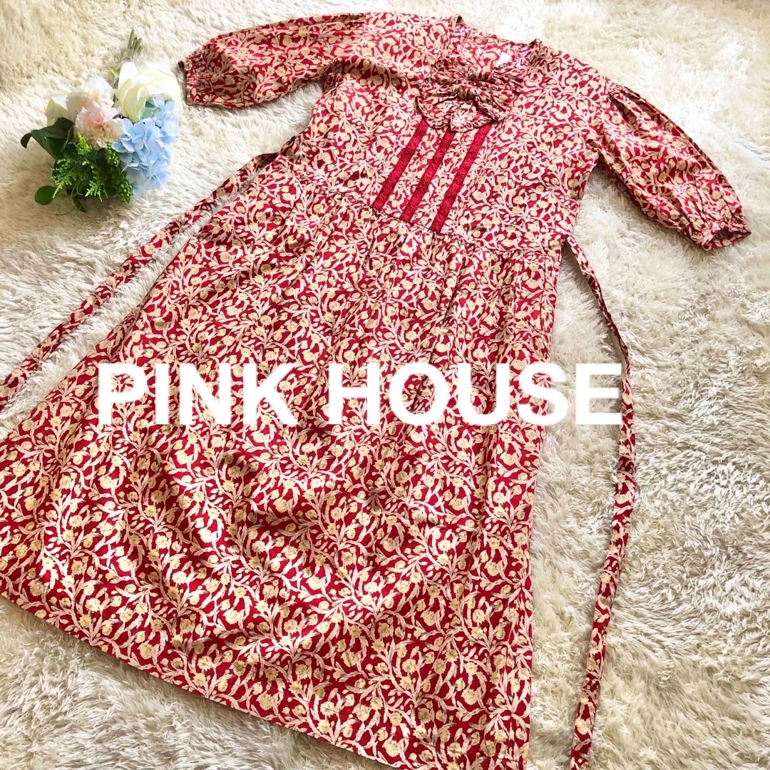 PINK HOUSE(ピンクハウス)のピンクハウス✨美品　フラワープリント　リボン付きロングワンピース レディースのワンピース(ロングワンピース/マキシワンピース)の商品写真