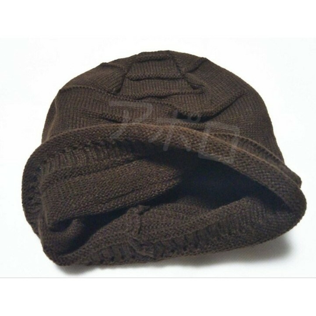 茶　ブラウン　ニット帽　茶色　医療　シワ加工　ケア帽子　編み込み レディースの帽子(ニット帽/ビーニー)の商品写真