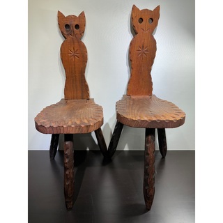 希少！スペイン製ハンドメイド木製手作り 猫ちゃんイス キャットチェア 2脚(折り畳みイス)
