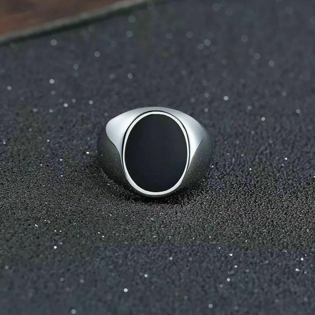 シグネットリング　ステンレス　レディース　メンズ　シンプル　シルバー×ブラック レディースのアクセサリー(リング(指輪))の商品写真