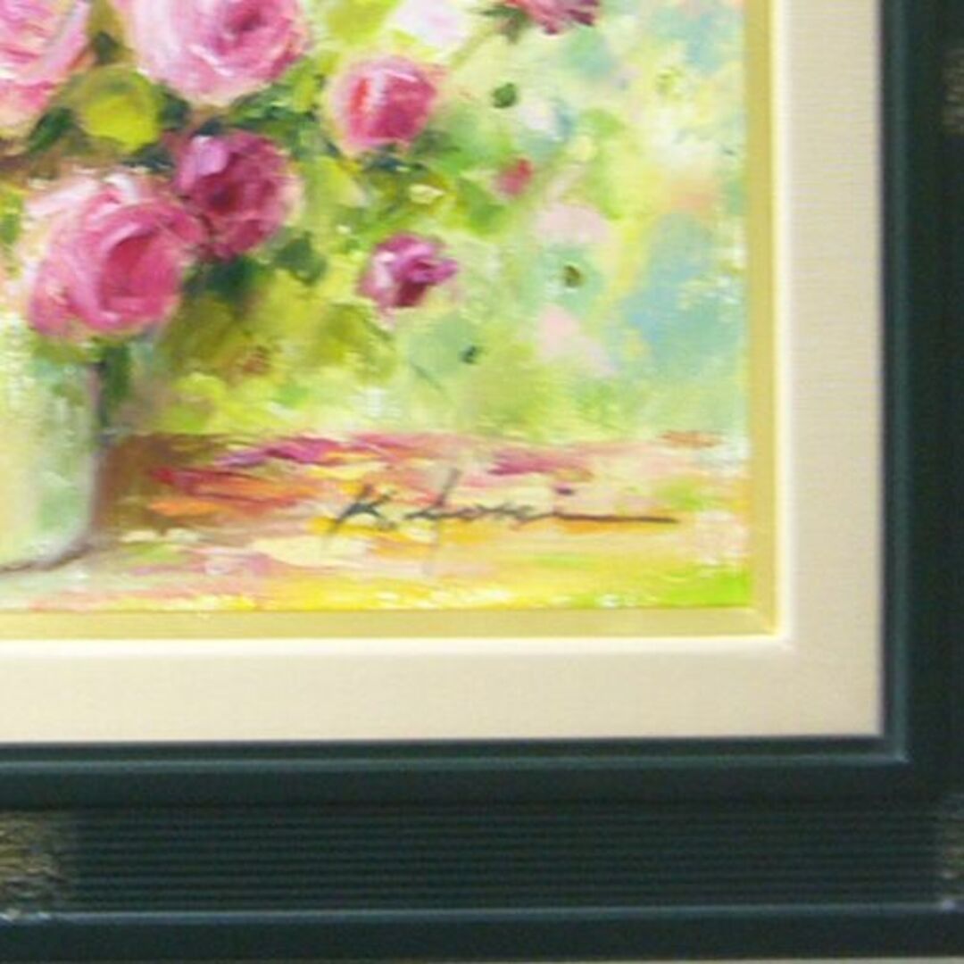 絵画 油絵 青木今陽 肉筆油絵 ピンク色の薔薇 絵画 油絵 青木今陽 肉筆油絵 ピンク色の薔薇