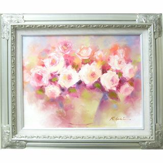 絵画 油絵 青木今陽 静物画 白とピンクの薔薇(絵画/タペストリー)