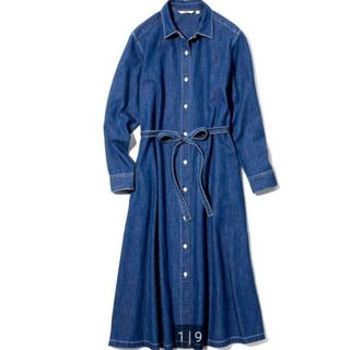 ユニクロ(UNIQLO)のユニクロ　デニムAラインシャツワンピース　長袖　65Blue Sサイズ(ロングワンピース/マキシワンピース)