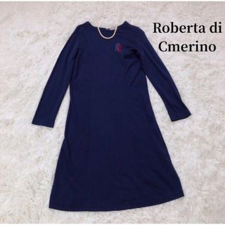 ロベルタディカメリーノ(ROBERTA DI CAMERINO)のロベルタディカメリーノ　ワンピース　長袖　ロゴ刺繍　ビジュー　ネイビー(ひざ丈ワンピース)