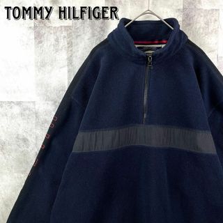 トミーヒルフィガー(TOMMY HILFIGER)の希少 トミーヒルフィガー ハーフジップ フリースジャケット 袖ロゴ ネイビーXL(ブルゾン)