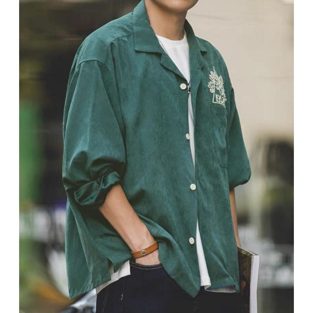 メンズシャツ　ボウリング キューバ カラー シャツ ピーチスキン　長袖  緑XL メンズのトップス(シャツ)の商品写真