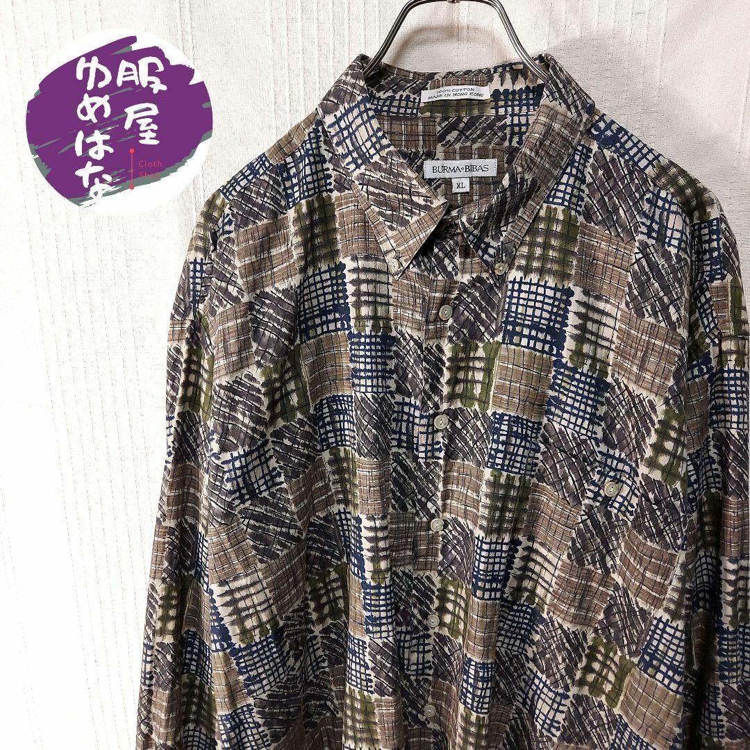 レトロ　パッチワーク柄　シャツ　US古着　黒　緑　茶　ゆるだほ　 XL　古着 メンズのトップス(シャツ)の商品写真