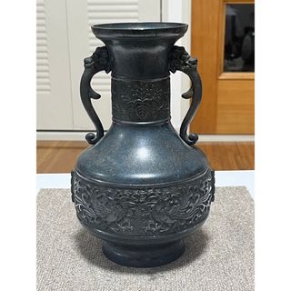 高岡銅器 峰雲 鋳銅製 双耳 双龍文獣耳 ＊花瓶 花器 花入 骨董 飾り壺(金属工芸)