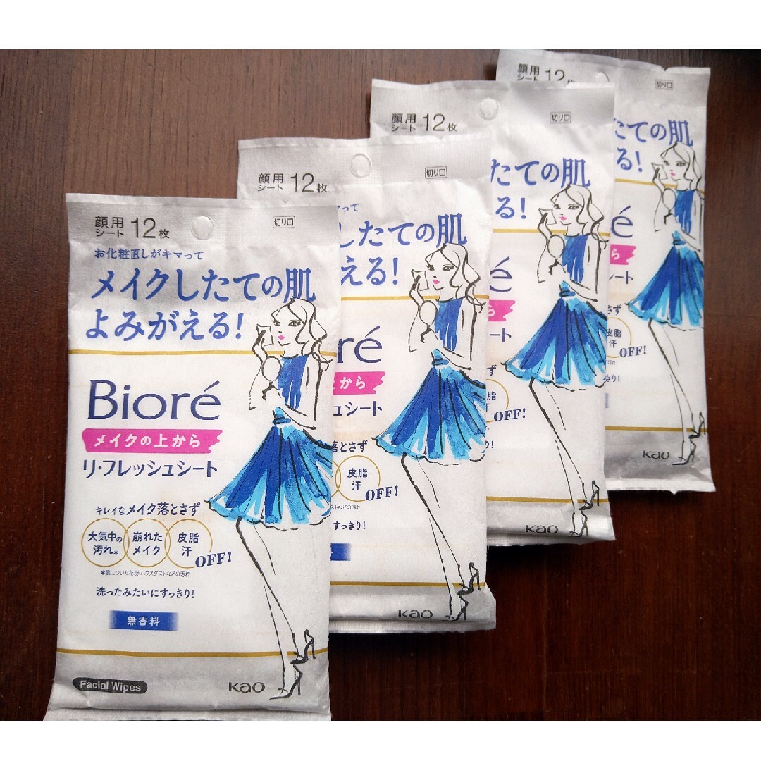 Biore(ビオレ)の【新品未開封】ビオレ メイクの上からリフレッシュシート 無香料(12枚) ✕４ コスメ/美容のボディケア(制汗/デオドラント剤)の商品写真