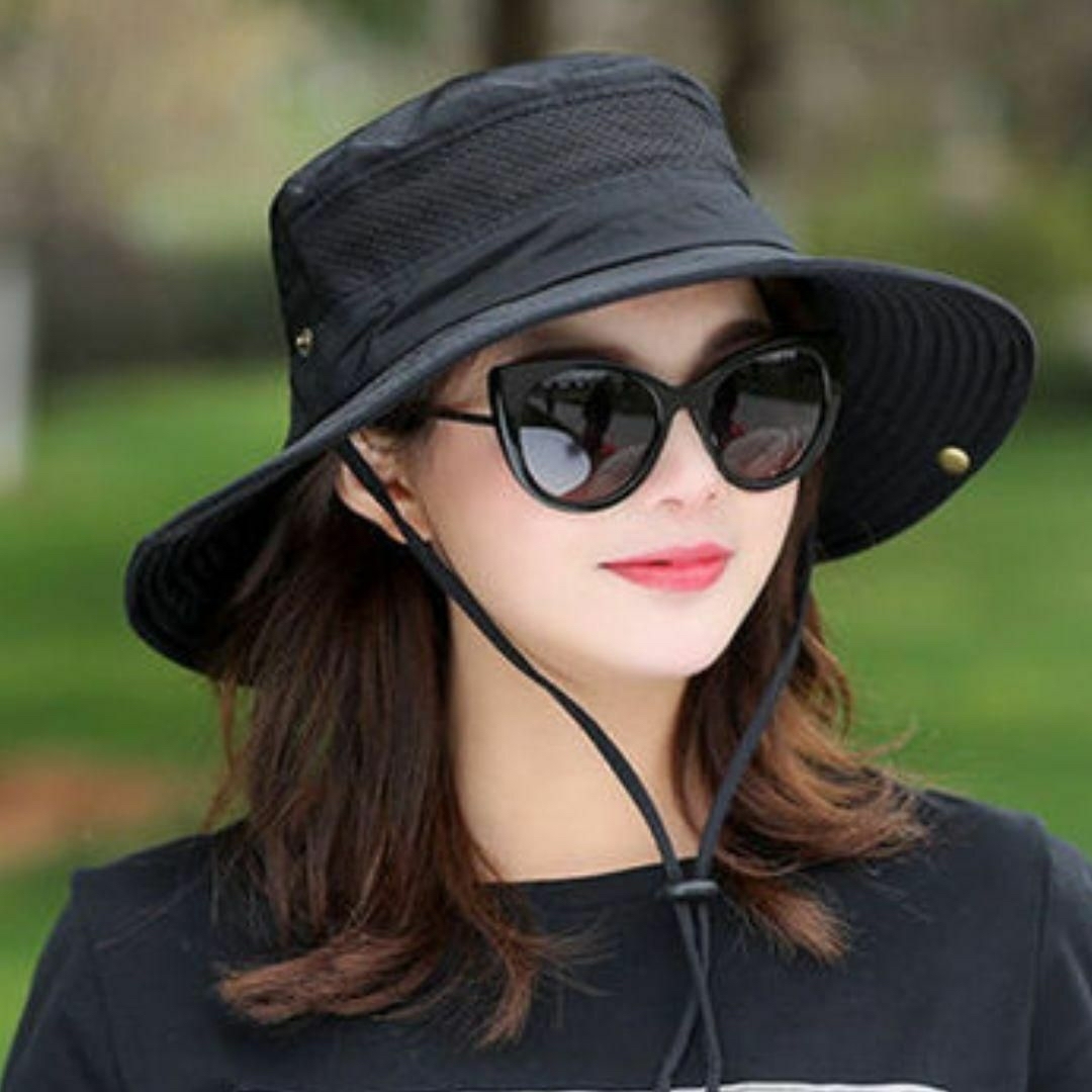 帽子 レディース つば広 日焼け防止 紫外線対策 サファリハット ブラック レディースの帽子(ハット)の商品写真