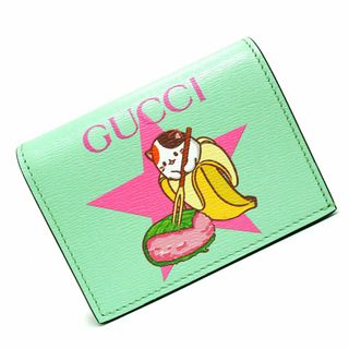 グッチ(Gucci)のグッチ ばなにゃコラボ スター 桜餅 プリント カードケース コンパクト 二つ折り財布 カーフスキン レザー ミントグリーン 緑 ゴールド金具 701009 箱付 GUCCI（新品・未使用品）(財布)