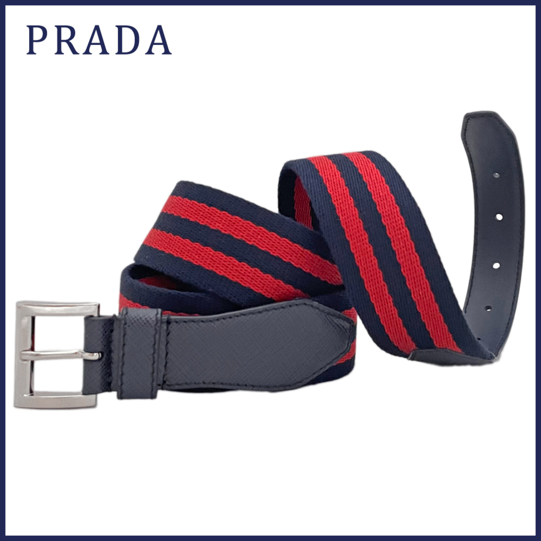 PRADA(プラダ)の新品プラダPRADAメンズ　キャンバスベルト赤×紺ボーダー#85 メンズのファッション小物(ベルト)の商品写真