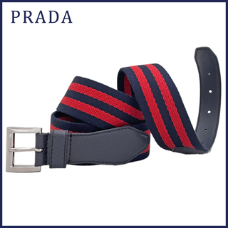 プラダ(PRADA)の新品プラダPRADAメンズ　キャンバスベルト赤×紺ボーダー#85(ベルト)