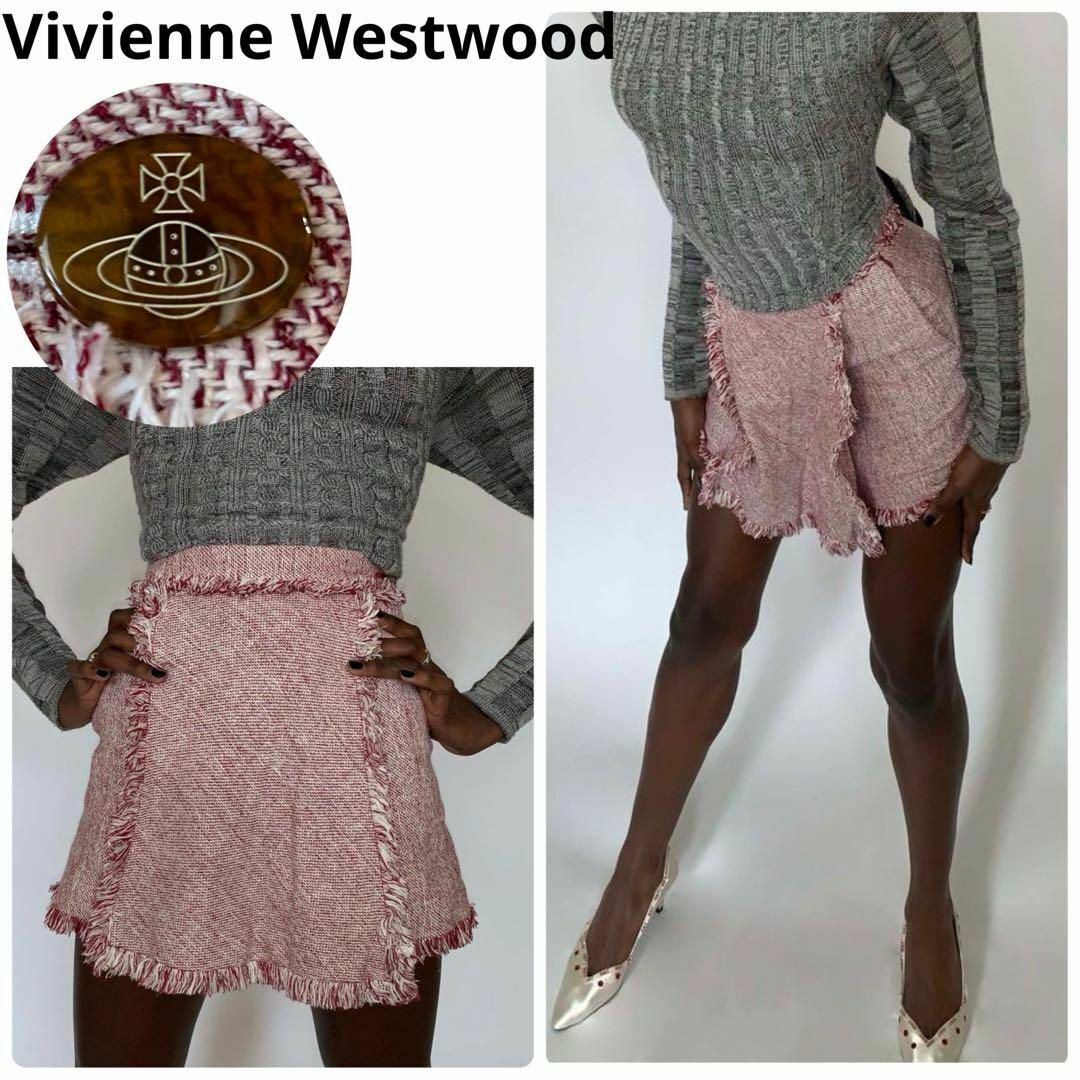 Vivienne Westwood ツイード フリンジ ショートパンツ 2 赤 レディースのパンツ(キュロット)の商品写真