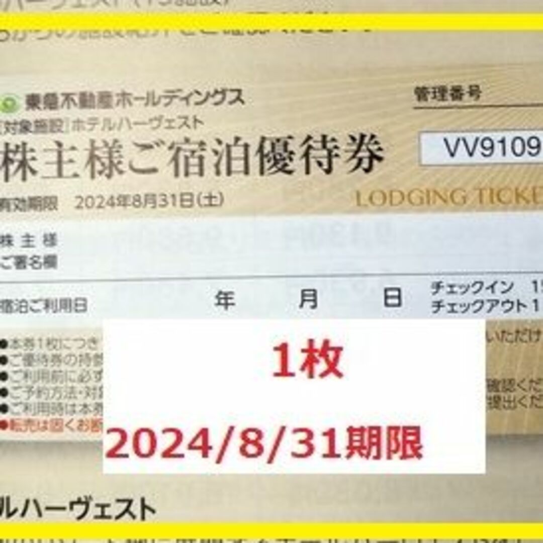 1枚　東急ホテルハーヴェスト　ご宿泊優待券 チケットの優待券/割引券(宿泊券)の商品写真