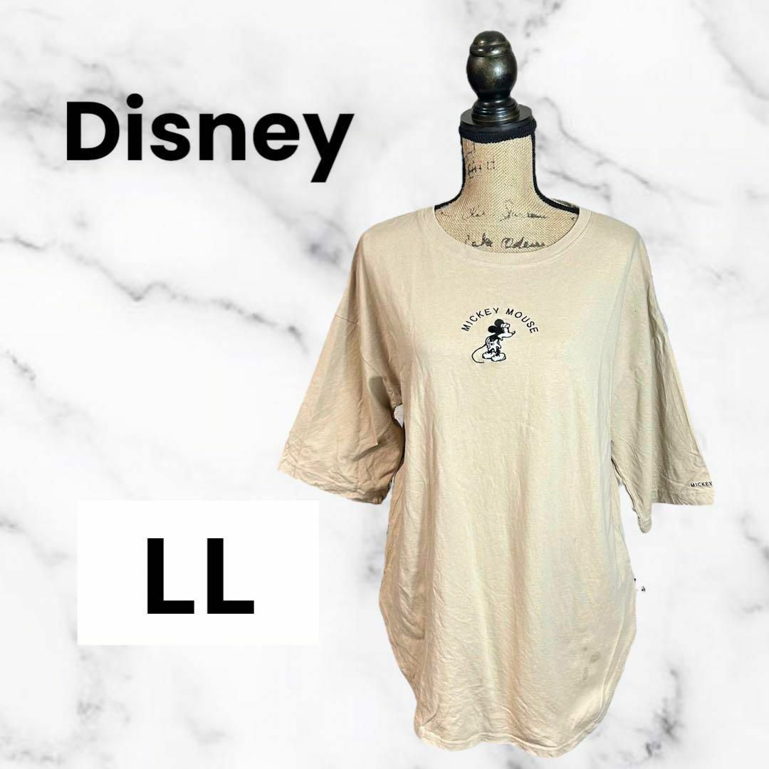 Disney(ディズニー)の【mickey mouse】ミッキー刺繍Tシャツ　ロング　スリット　ベージュLL レディースのトップス(Tシャツ(長袖/七分))の商品写真