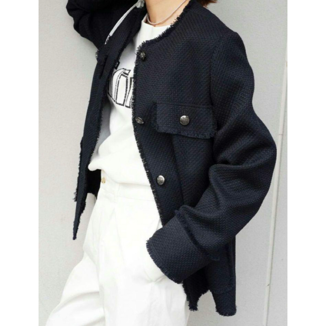 IENA(イエナ)のIENA ＆NAVY ノーカラーツイードジャケット レディースのジャケット/アウター(ノーカラージャケット)の商品写真