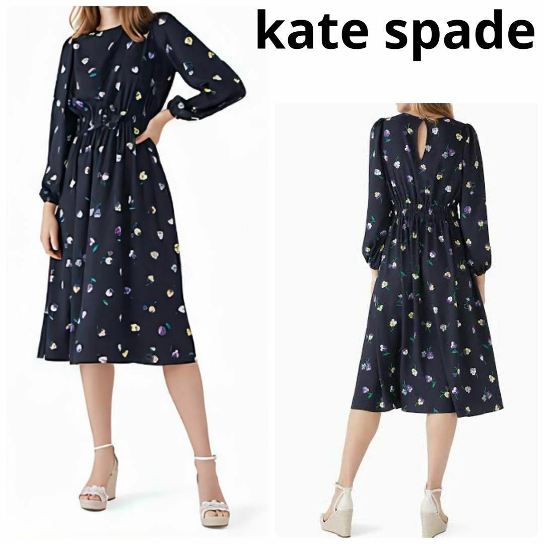 kate spade new york(ケイトスペードニューヨーク)の美品 現行 kate spadeパンジー柄 ロングワンピース ネイビー レディースのワンピース(ロングワンピース/マキシワンピース)の商品写真