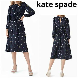 ケイトスペードニューヨーク(kate spade new york)の美品 現行 kate spadeパンジー柄 ロングワンピース ネイビー(ロングワンピース/マキシワンピース)