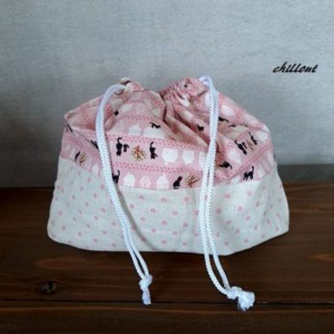 入園バッグ5点セット：ピンクの猫柄切り替えセット【0022】 キッズ/ベビー/マタニティのこども用バッグ(通園バッグ)の商品写真