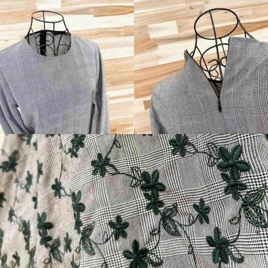 ZARA(ザラ)の【ザラ】ZARA WOMAN チェック 刺繍 花柄 ワンピース XS グレー×緑 レディースのワンピース(ひざ丈ワンピース)の商品写真