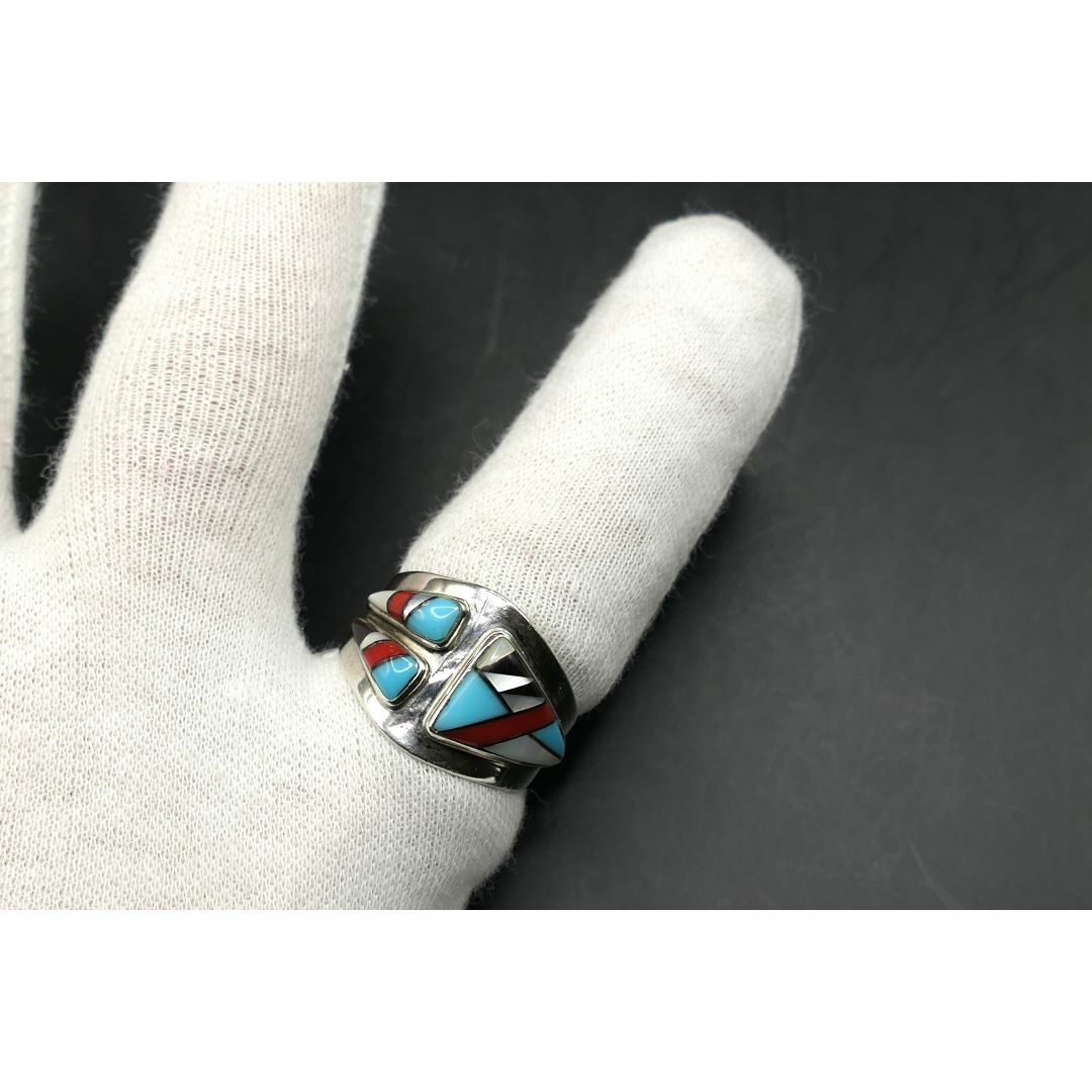 美品　21号　ズニ　ターコイズ　コーラル　インレイ　リング　指輪 メンズのアクセサリー(リング(指輪))の商品写真
