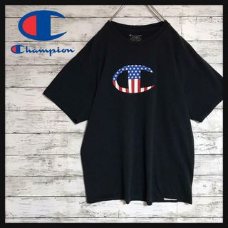 チャンピオン(Champion)の【希少デザイン】チャンピオン　アメリカ柄センターデカロゴTシャツ　黒　A582(Tシャツ/カットソー(半袖/袖なし))