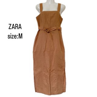 ザラ(ZARA)のZARA    ブラウン　ジャンパースカート　リネン　ベルト付　(ロングスカート)